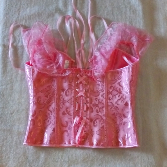 Over-Bust Corset Boning Waist Trainer Pink Satin Bustier XL Ribbon Tie Back - Picture 1 of 8